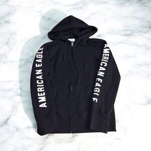 American Eagle Hoodie Sweatshirt Full Zip Black Size XS With Arm logos